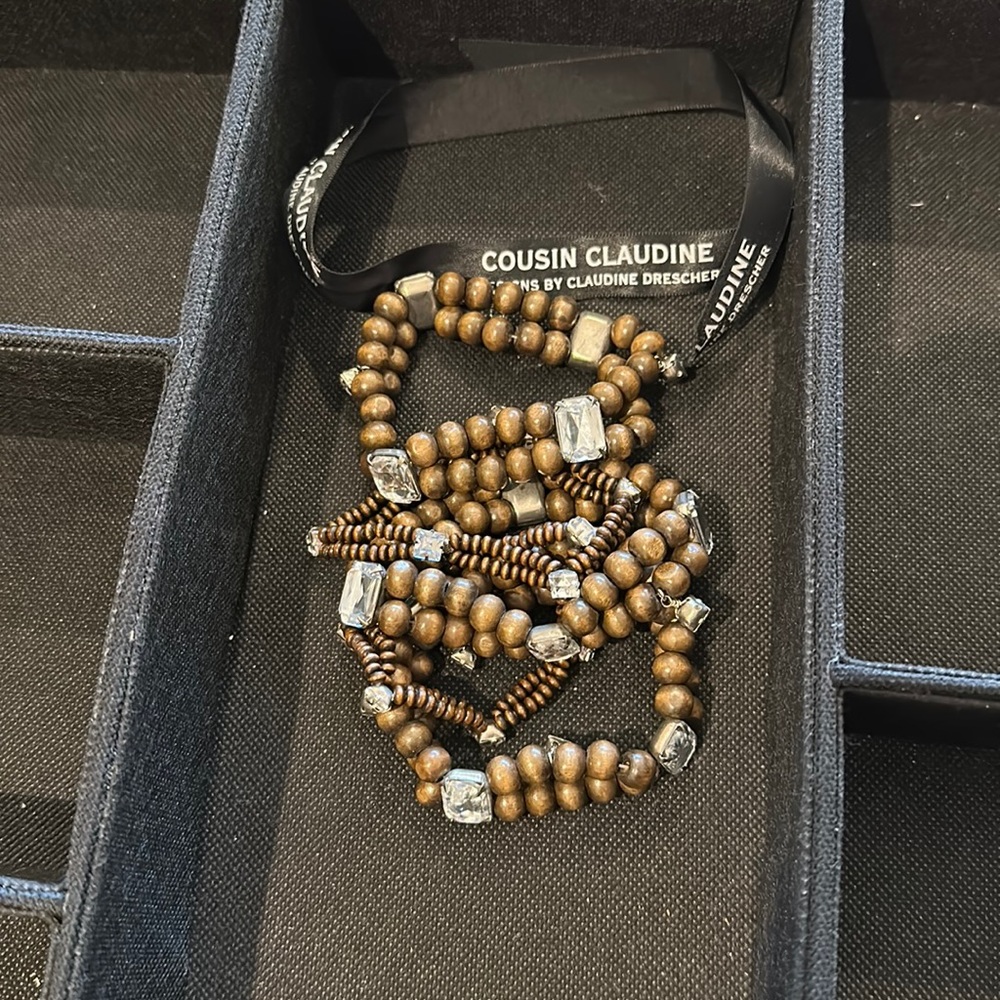 Cousin Claudine brown and rhinestone beaded bracelet set. 5 pieces.